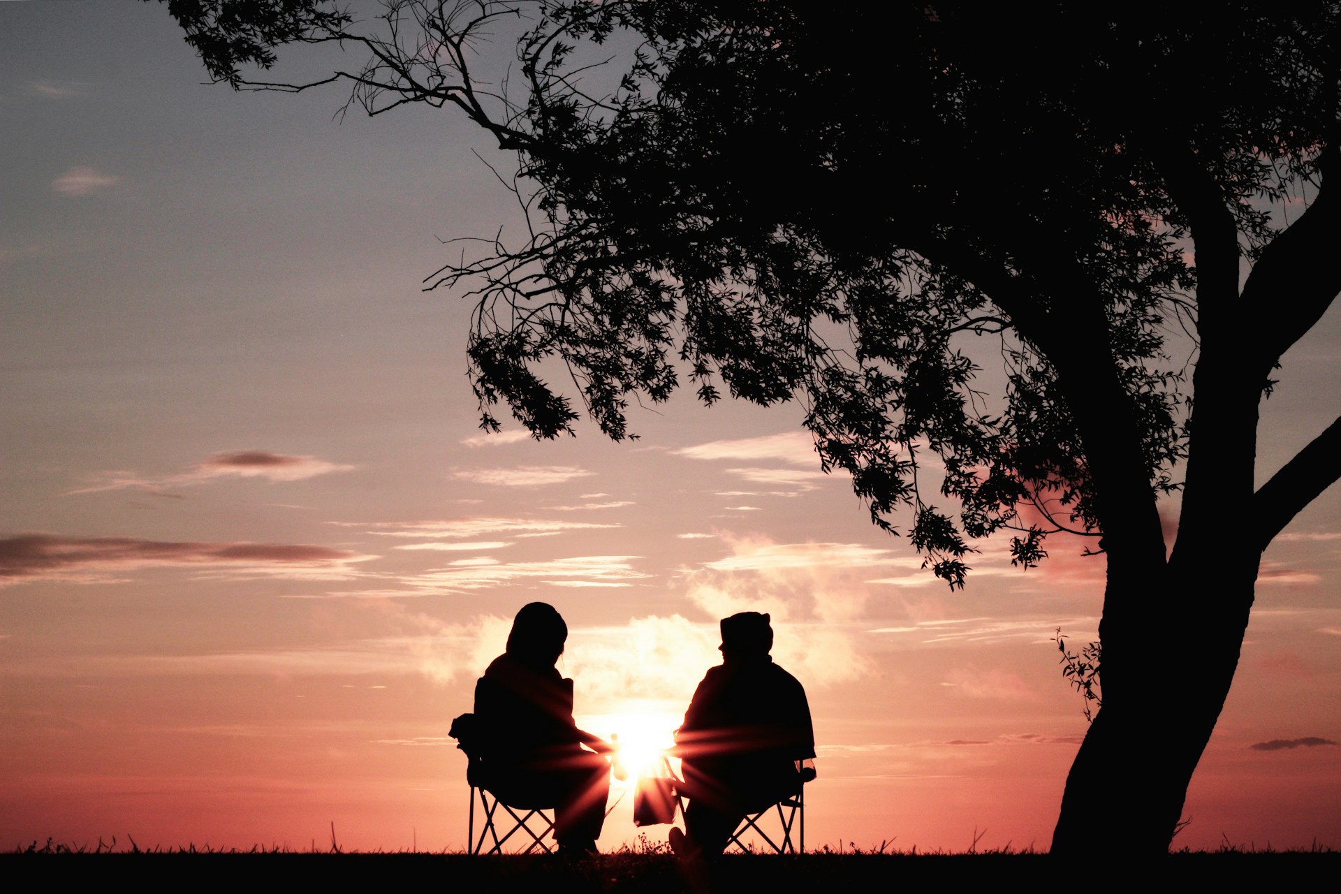 Two people in shadow against a sun set with a tree beside them also in shadow